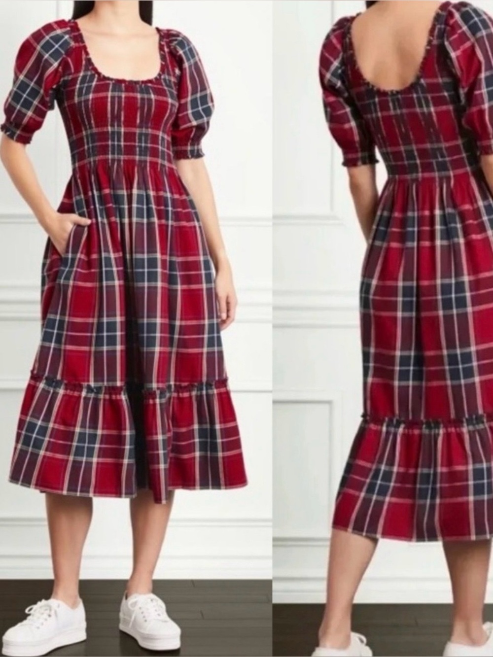 Hill House Home The Nap Dress Red Tartan Plaid Smocked Midi Dress – Size M